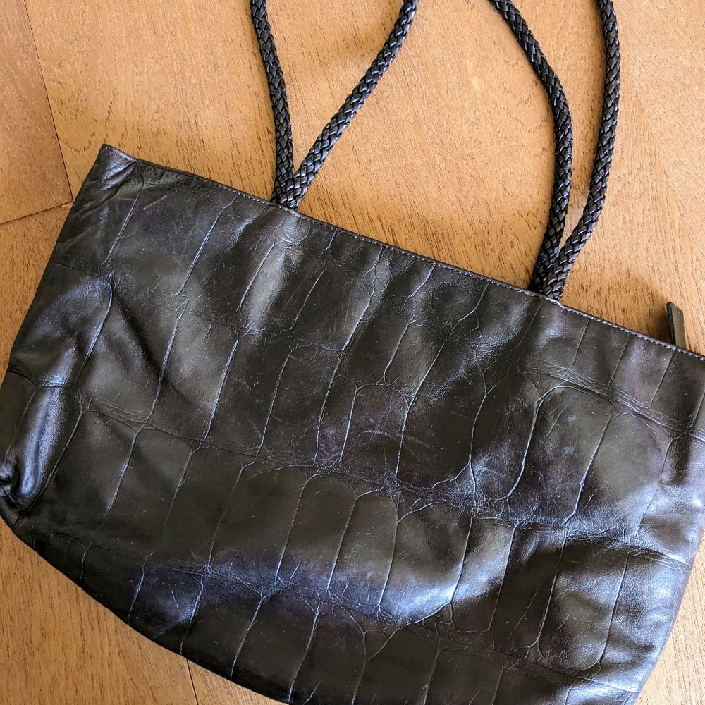SOLD Falor Le Borse Croc Embossed Woven  Leather Shoulder Bag in Deep Brown